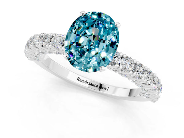 Silver Oval Cut Diamond Pavé Band Solitaire Ring with Prong Setting