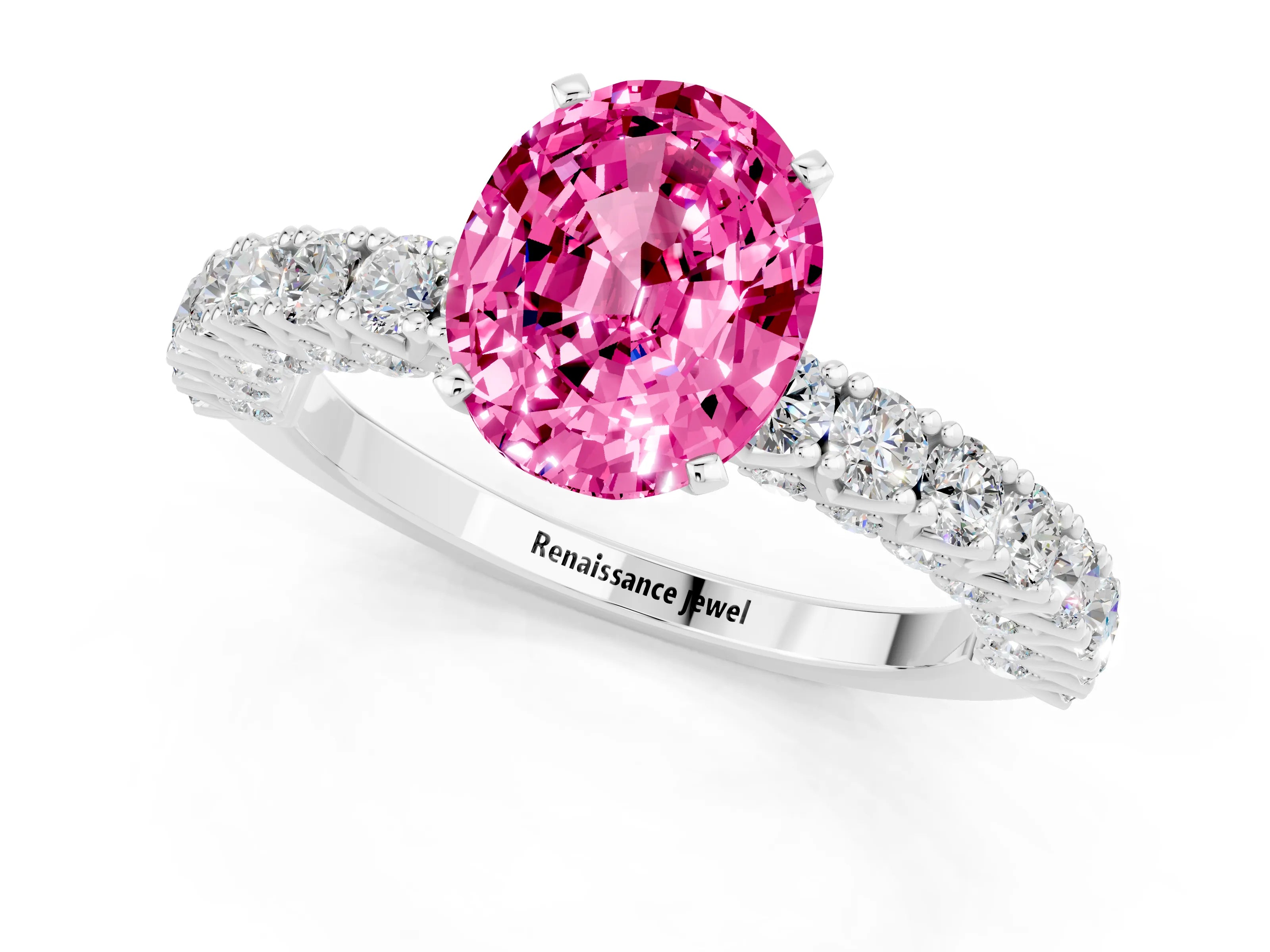 White gold Oval Cut Diamond Pavé Band Solitaire Ring with Prong Setting_1