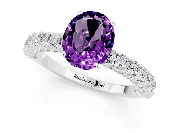 Platinum Oval Cut Amethyst Solitaire Ring with Round Accent Pavé Band and Prong Setting