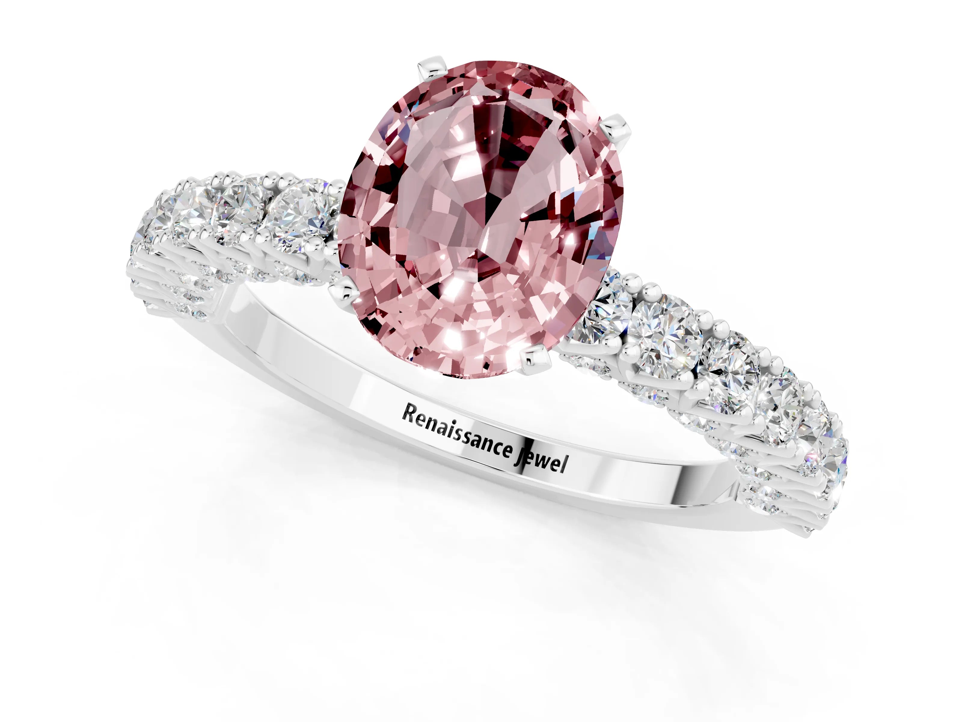 White gold Oval Cut Diamond Pavé Band Solitaire Ring with Prong Setting_1