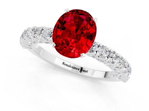 Silver Oval Cut Diamond Pavé Band Solitaire Ring with Prong Setting