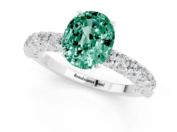Silver Oval Cut Diamond Pavé Band Solitaire Ring with Prong Setting