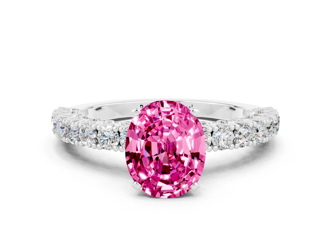 White gold Oval Cut Diamond Pavé Band Solitaire Ring with Prong Setting
