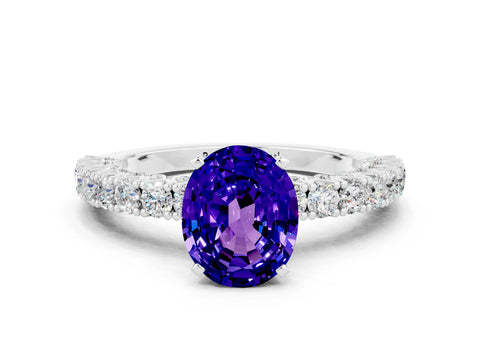 White gold Oval Cut Diamond Pavé Band Solitaire Ring with Prong Setting