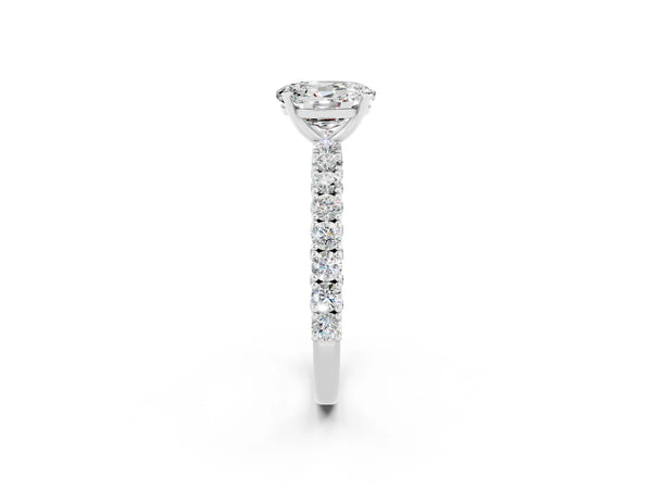 Platinum Oval Cut Diamond Pavé Band Solitaire Ring with Prong Setting