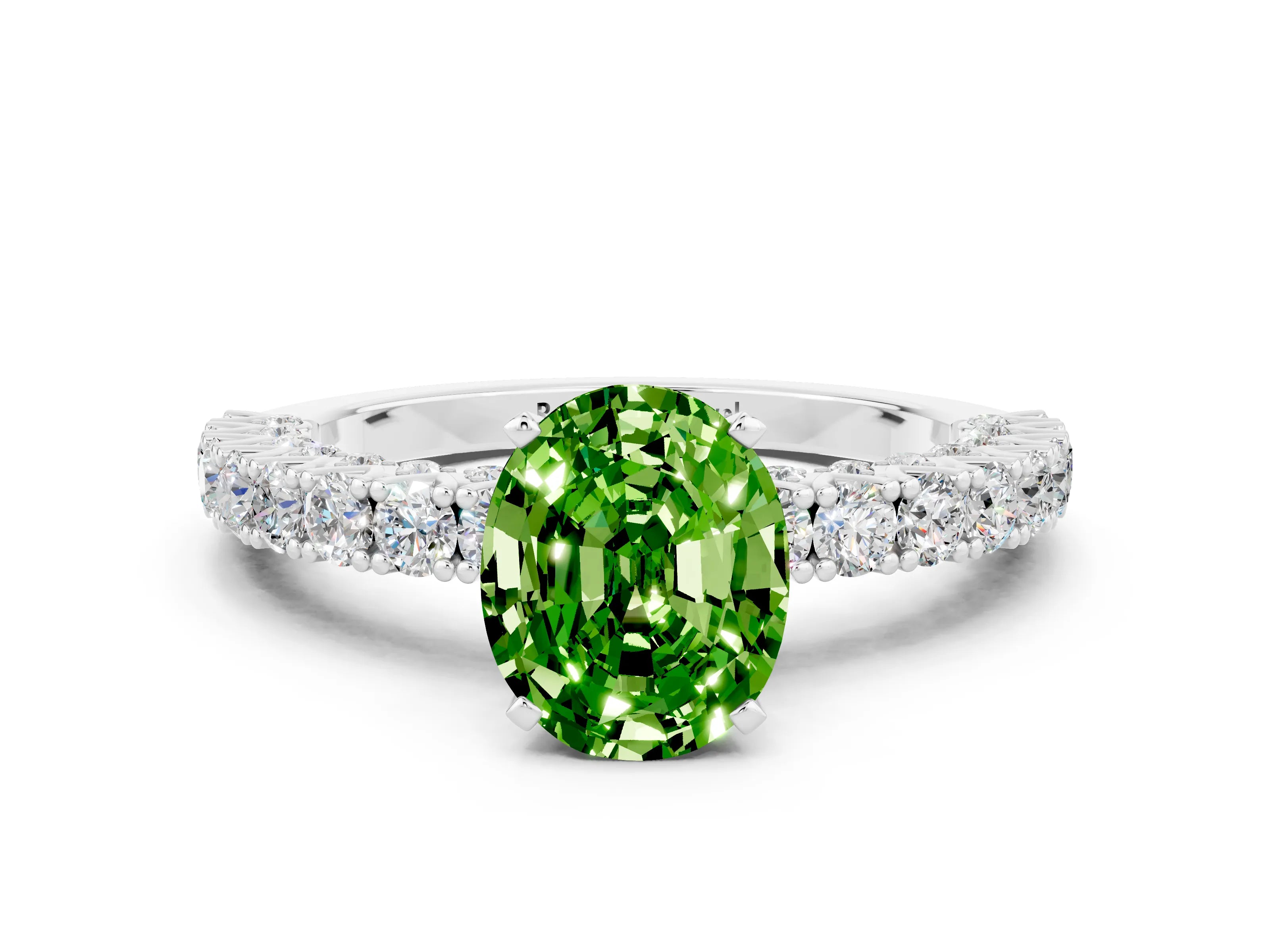 White gold Oval Cut Diamond Pavé Band Solitaire Ring with Prong Setting