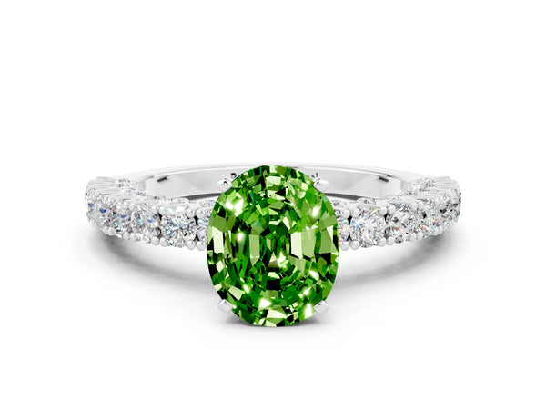 Silver Oval Cut Diamond Pavé Band Solitaire Ring with Prong Setting