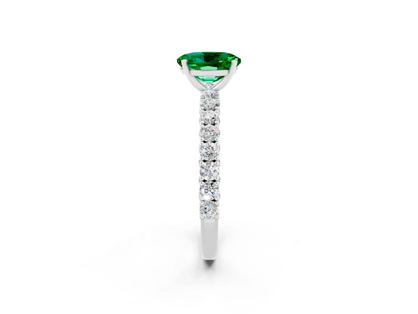 Silver Oval Cut Diamond Pavé Band Solitaire Ring with Prong Setting