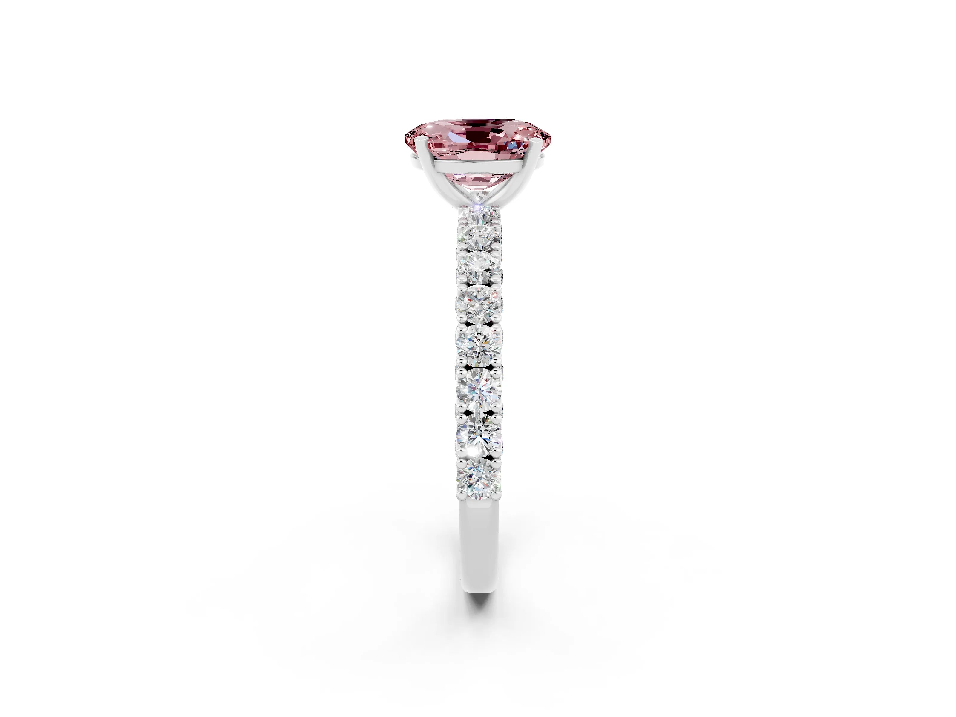 White gold Oval Cut Diamond Pavé Band Solitaire Ring with Prong Setting_2