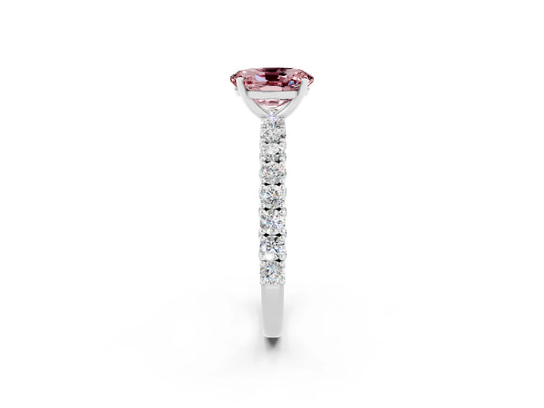 Silver Oval Cut Diamond Pavé Band Solitaire Ring with Prong Setting