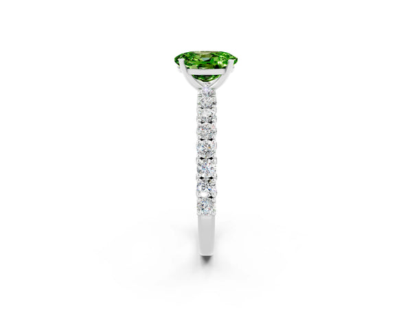 Silver Oval Cut Diamond Pavé Band Solitaire Ring with Prong Setting