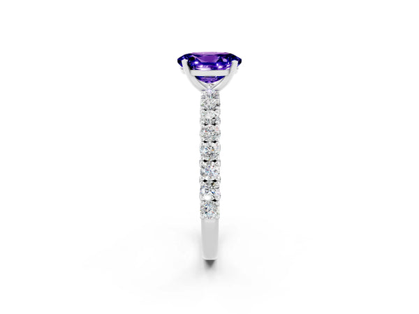 Platinum Oval Cut Diamond Pavé Band Solitaire Ring with Prong Setting
