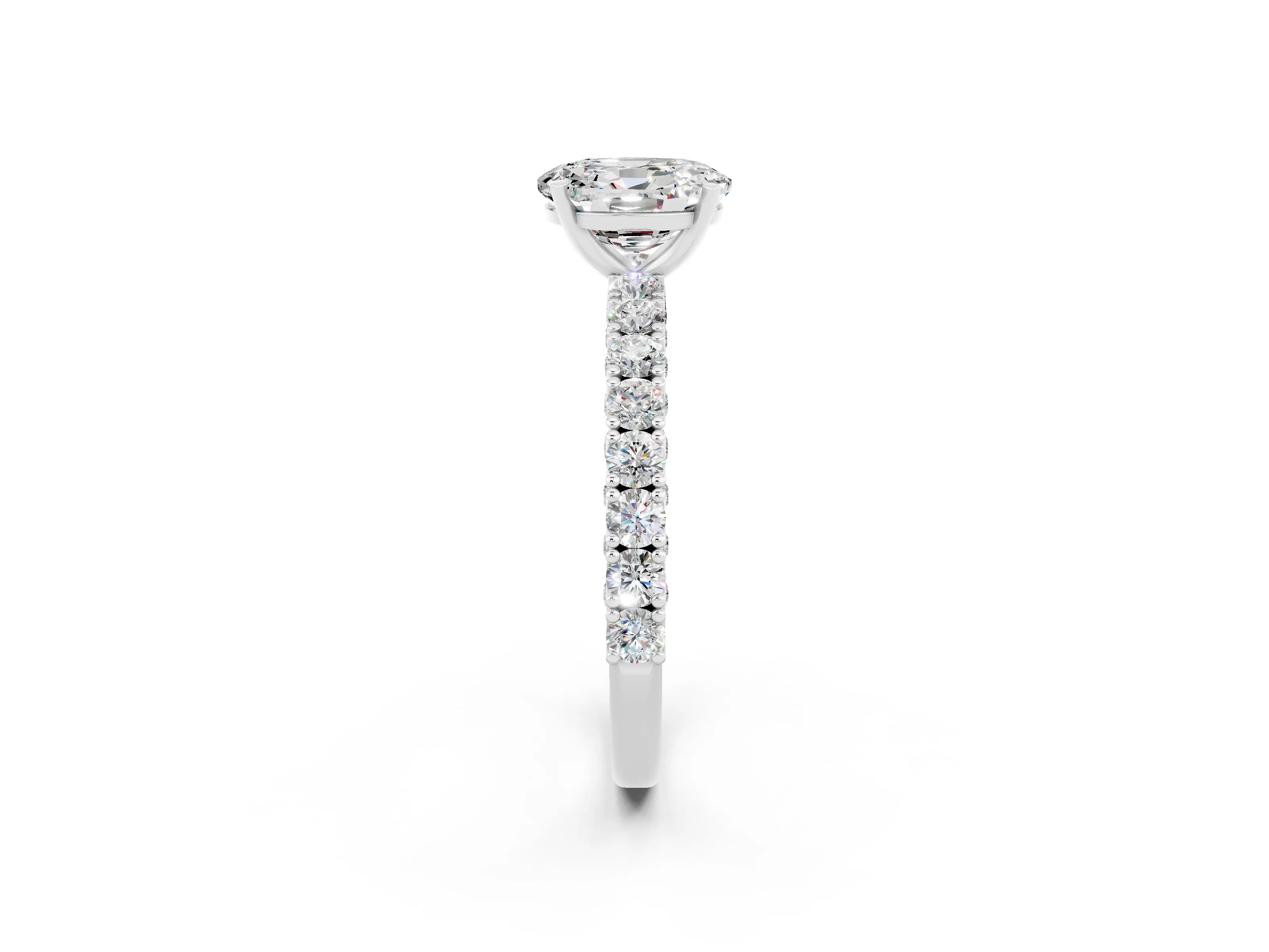 White gold Oval Cut Diamond Pavé Band Solitaire Ring with Prong Setting_2