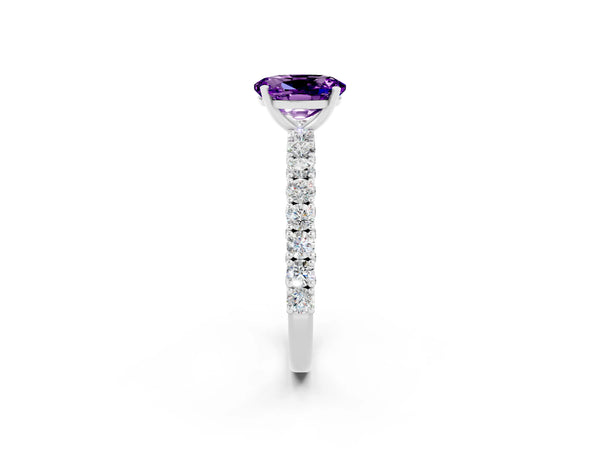 White gold Oval Cut Amethyst Solitaire Ring with Round Accent Pavé Band and Prong Setting