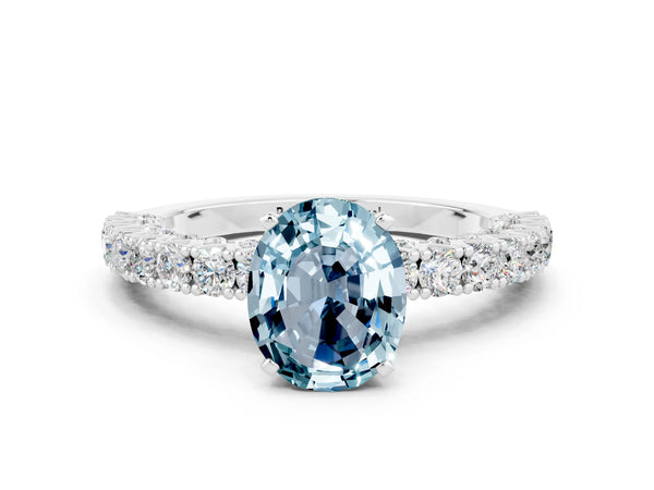 Silver Oval Cut Diamond Pavé Band Solitaire Ring with Prong Setting