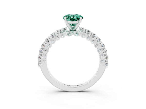 Silver Oval Cut Diamond Pavé Band Solitaire Ring with Prong Setting