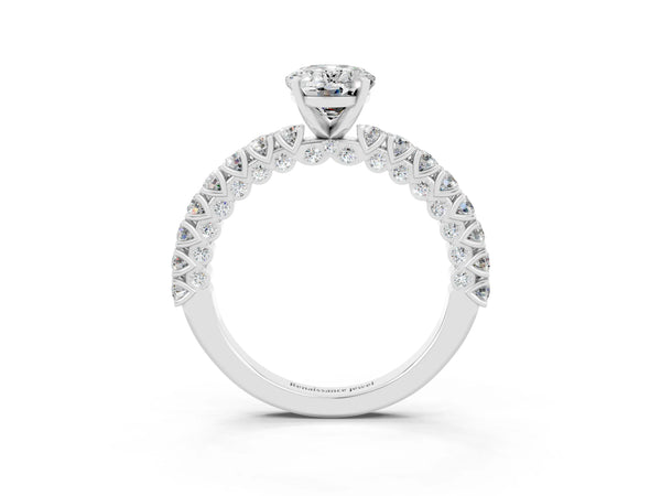 White gold Oval Cut Diamond Pavé Band Solitaire Ring with Prong Setting