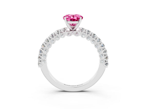 Silver Oval Cut Diamond Pavé Band Solitaire Ring with Prong Setting