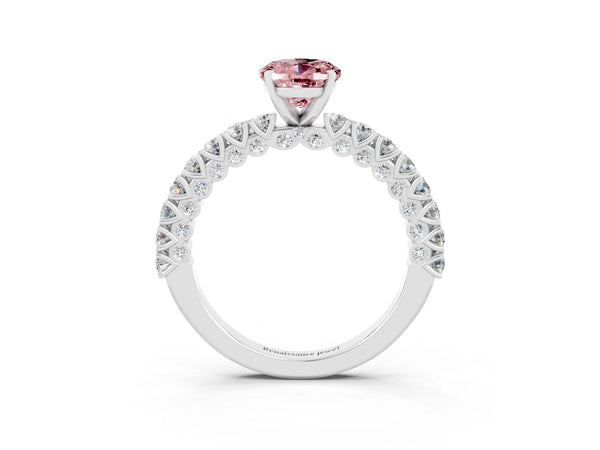 Silver Oval Cut Diamond Pavé Band Solitaire Ring with Prong Setting