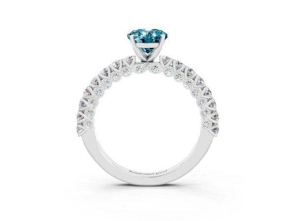 Platinum Oval Cut Diamond Pavé Band Solitaire Ring with Prong Setting