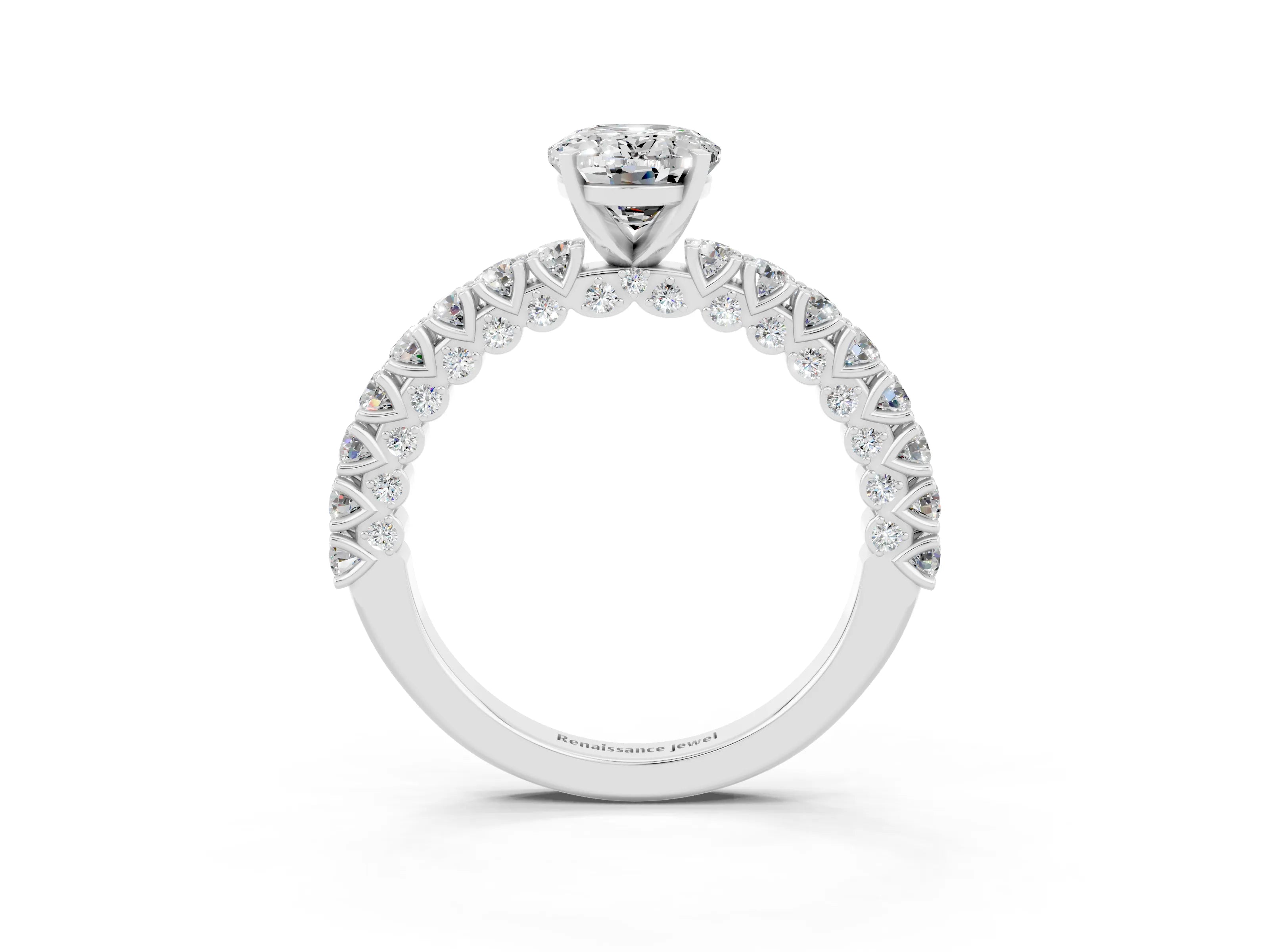 White gold Oval Cut Diamond Pavé Band Solitaire Ring with Prong Setting_3