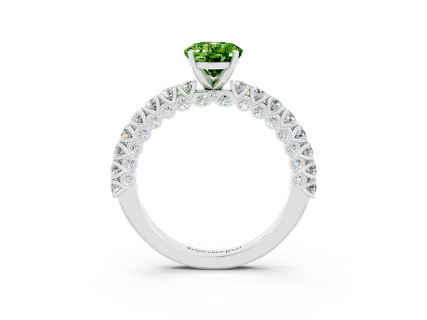 White gold Oval Cut Diamond Pavé Band Solitaire Ring with Prong Setting