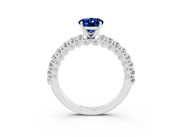Platinum Oval Cut Diamond Pavé Band Solitaire Ring with Prong Setting
