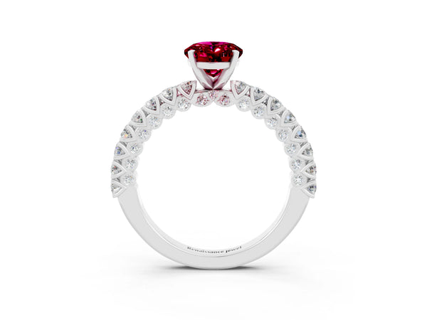 Platinum Oval Cut Diamond Pavé Band Solitaire Ring with Prong Setting