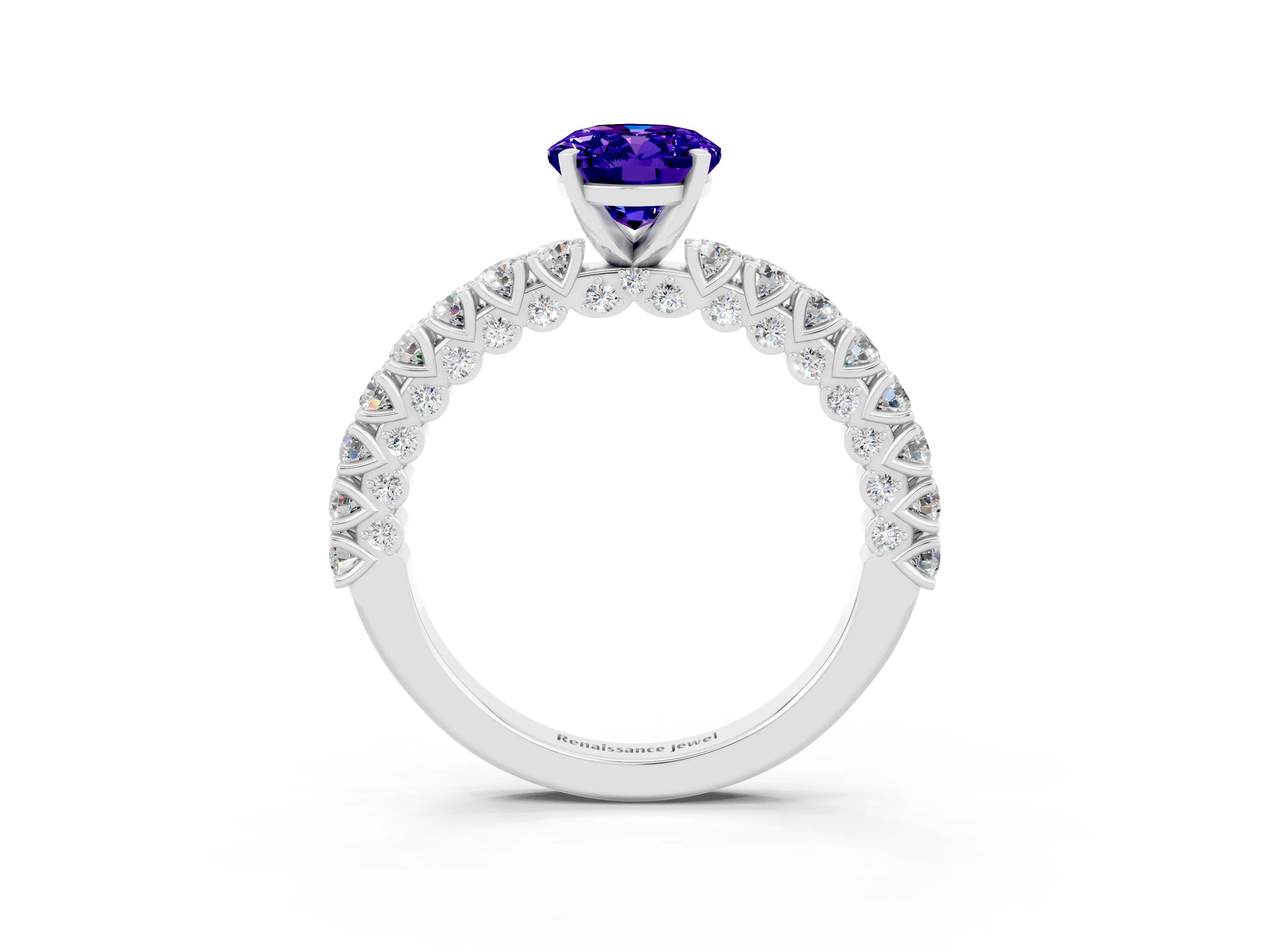 White gold Oval Cut Diamond Pavé Band Solitaire Ring with Prong Setting_3
