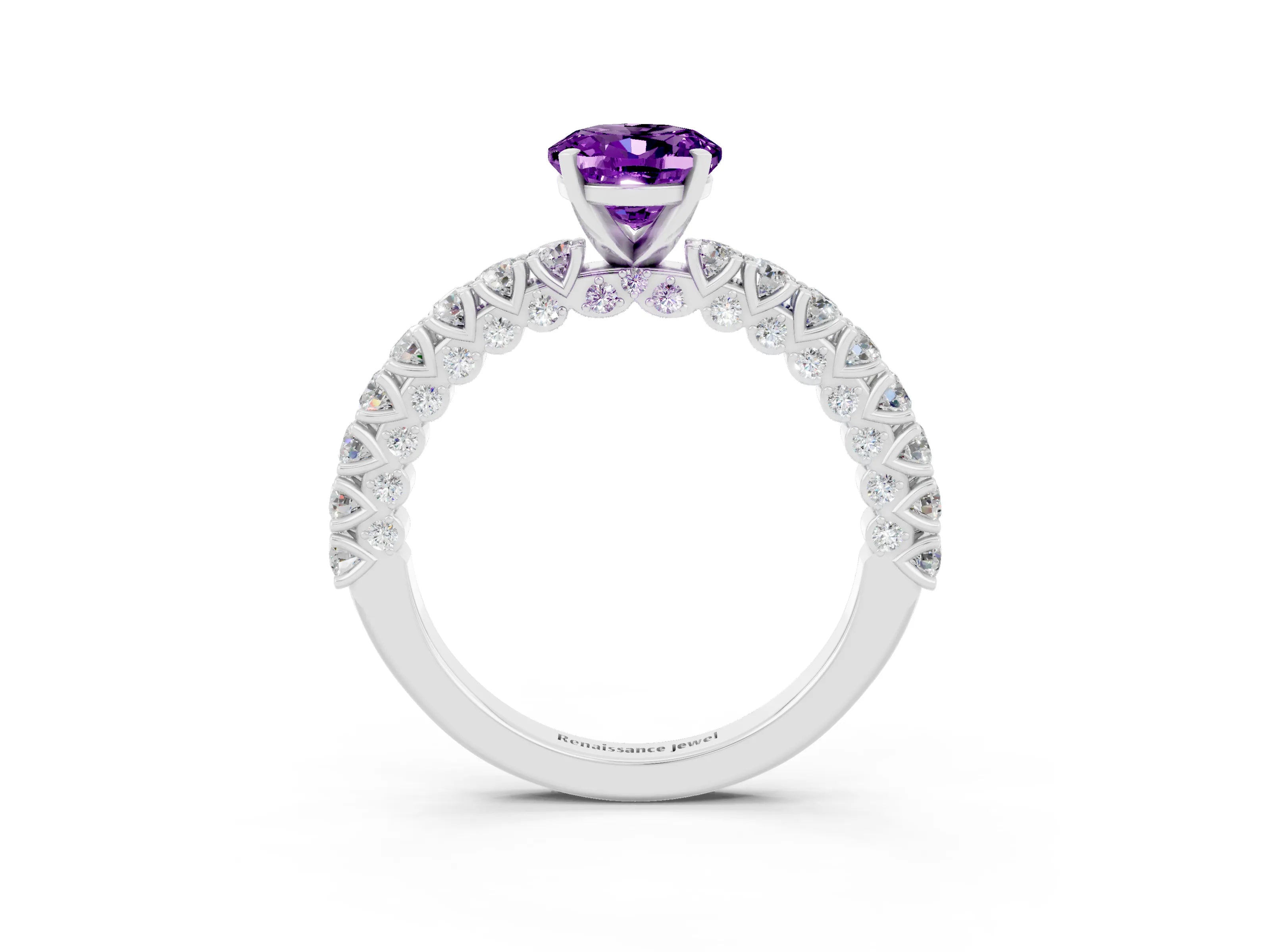 White gold Oval Cut Diamond Pavé Band Solitaire Ring with Prong Setting_3