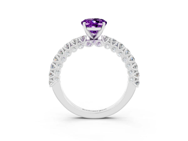 Silver Oval Cut Amethyst Solitaire Ring with Round Accent Pavé Band and Prong Setting