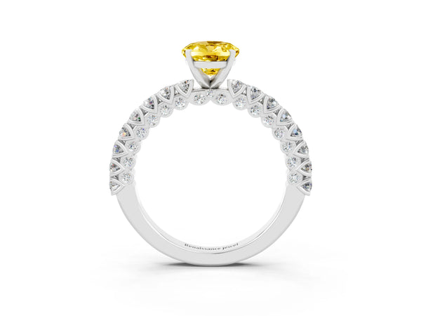 Platinum Oval Cut Diamond Pavé Band Solitaire Ring with Prong Setting