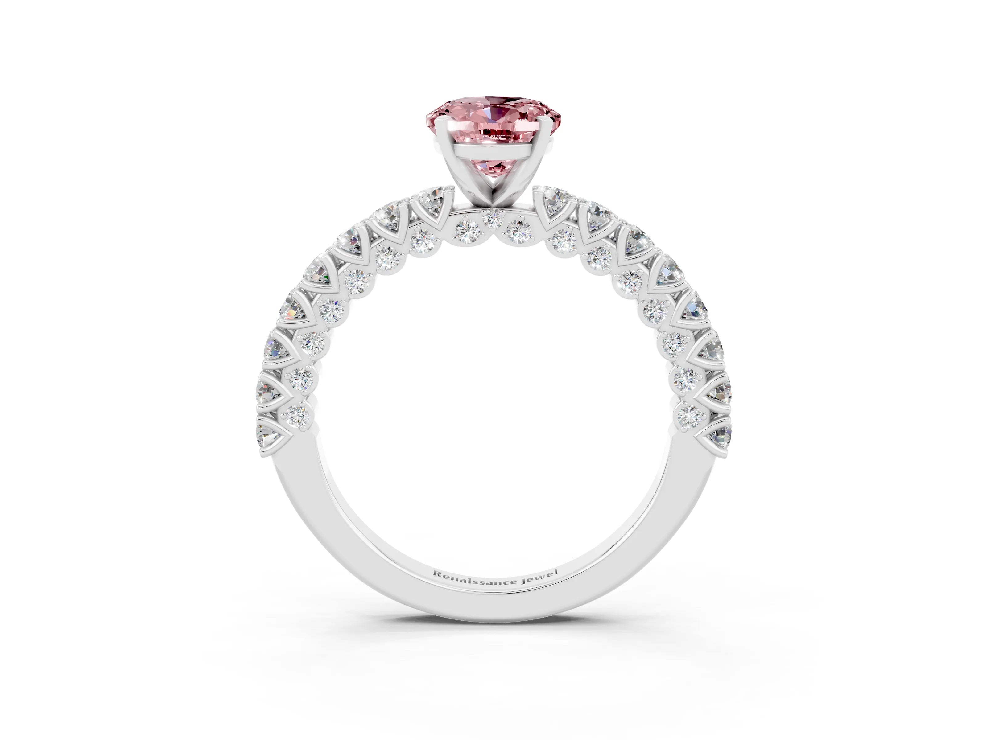 White gold Oval Cut Diamond Pavé Band Solitaire Ring with Prong Setting_3