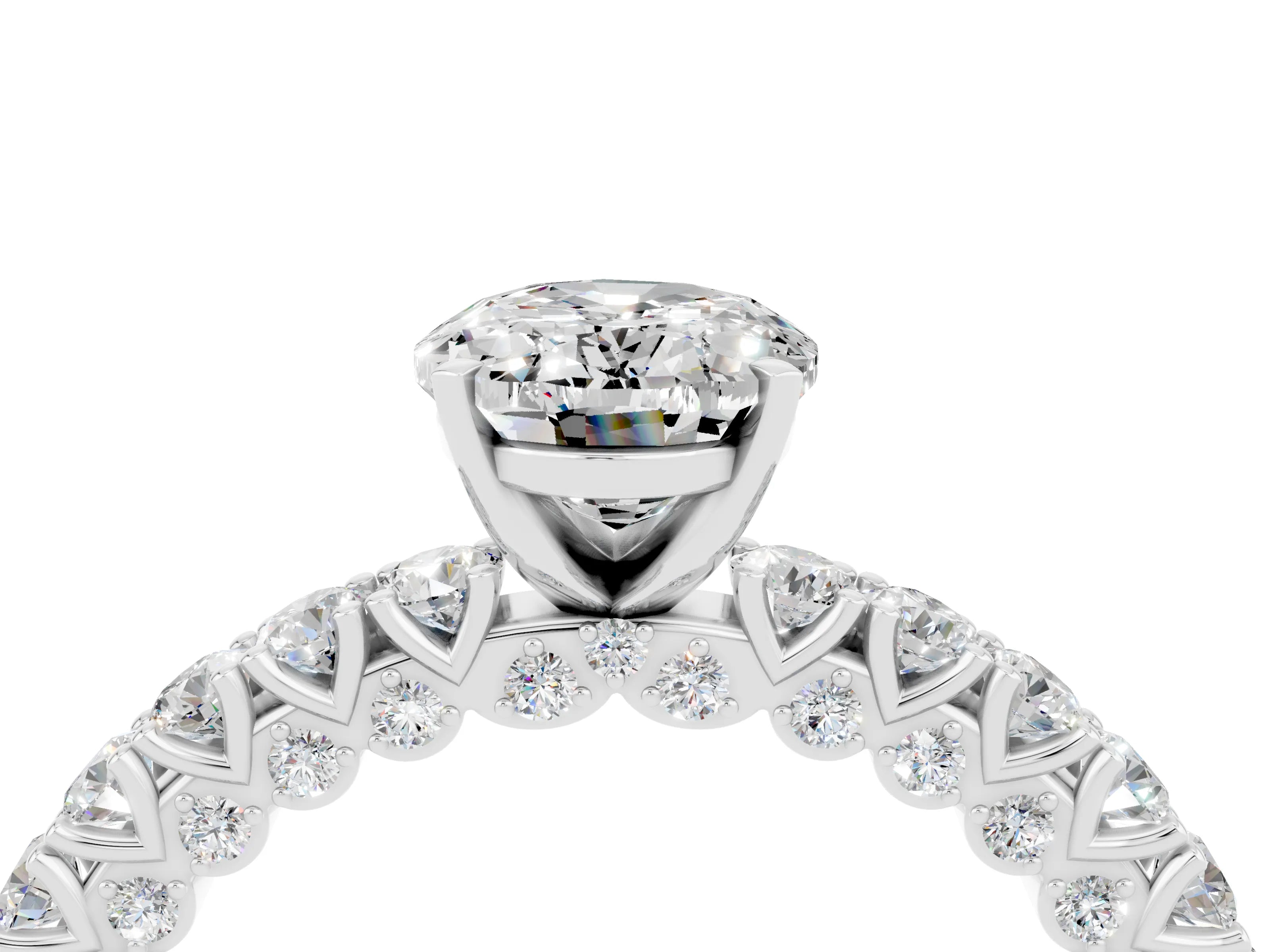 White gold Oval Cut Diamond Pavé Band Solitaire Ring with Prong Setting_4