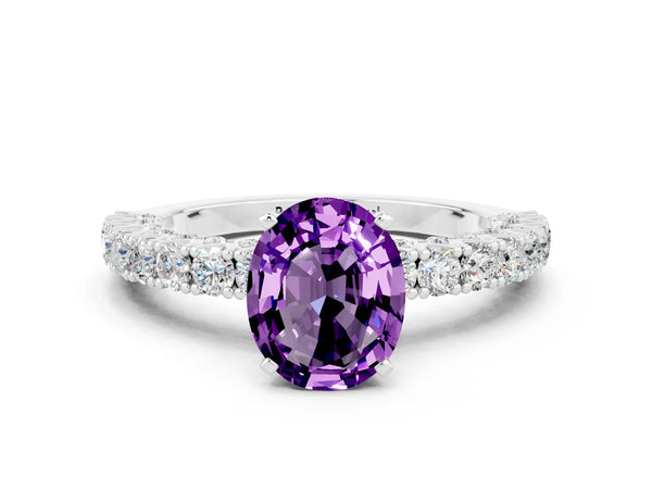 Platinum Oval Cut Amethyst Solitaire Ring with Round Accent Pavé Band and Prong Setting