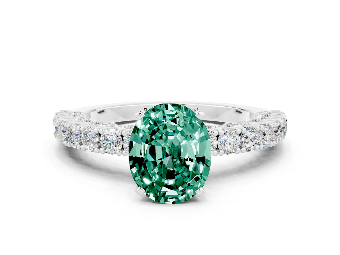 White gold Oval Cut Diamond Pavé Band Solitaire Ring with Prong Setting