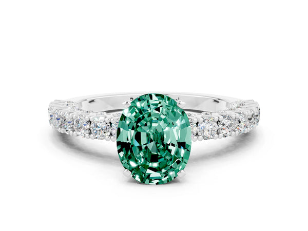 Silver Oval Cut Diamond Pavé Band Solitaire Ring with Prong Setting
