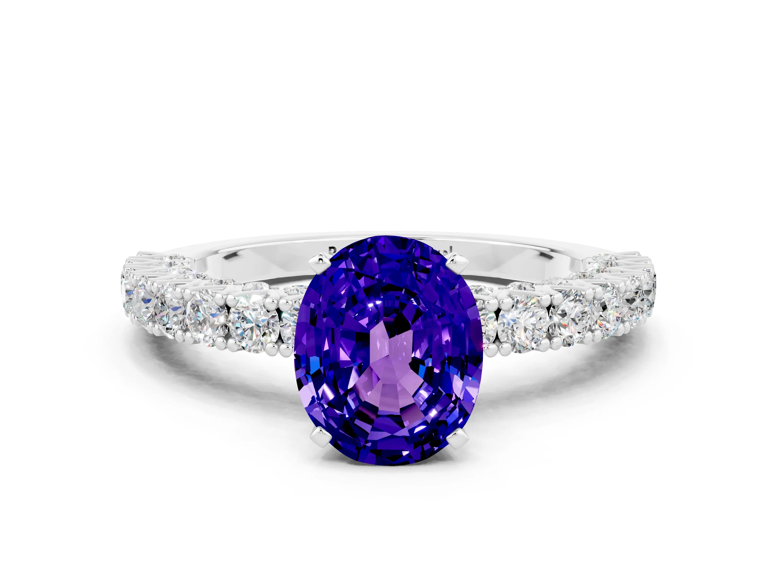 White gold Oval Cut Diamond Pavé Band Solitaire Ring with Prong Setting