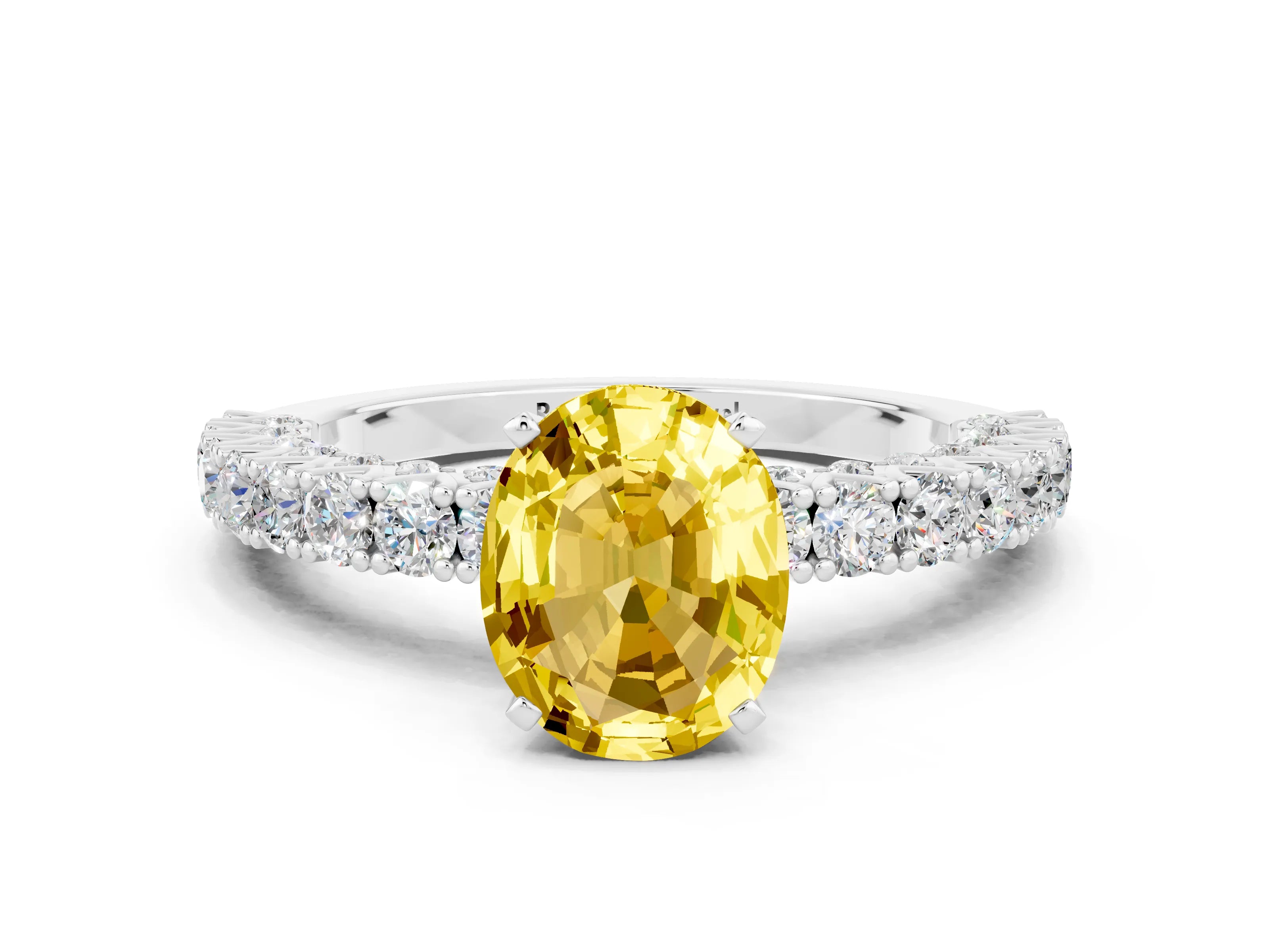 White gold Oval Cut Diamond Pavé Band Solitaire Ring with Prong Setting