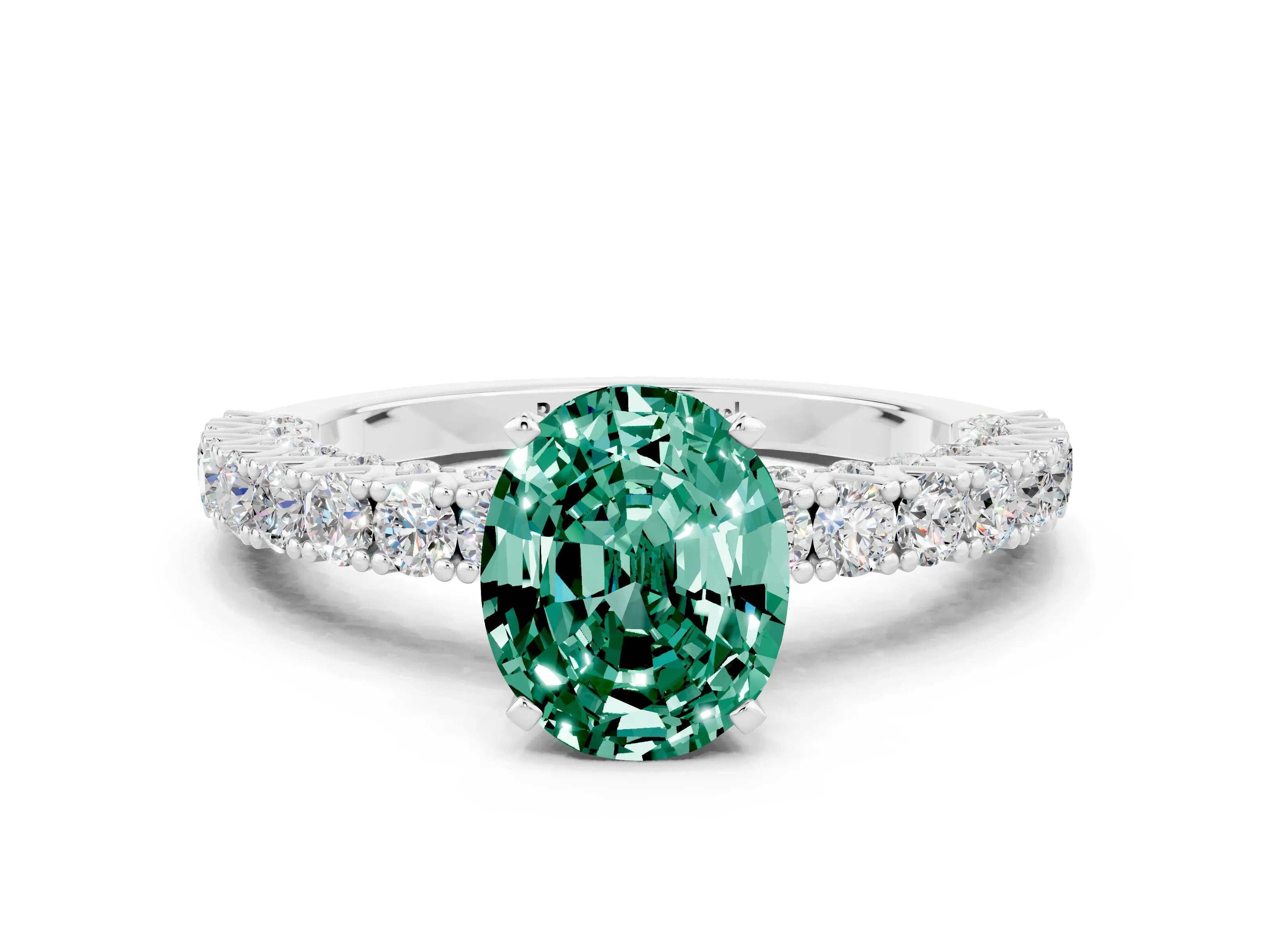 White gold Oval Cut Diamond Pavé Band Solitaire Ring with Prong Setting