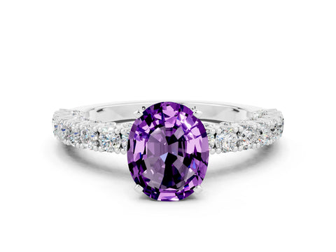 White gold Oval Cut Diamond Pavé Band Solitaire Ring with Prong Setting