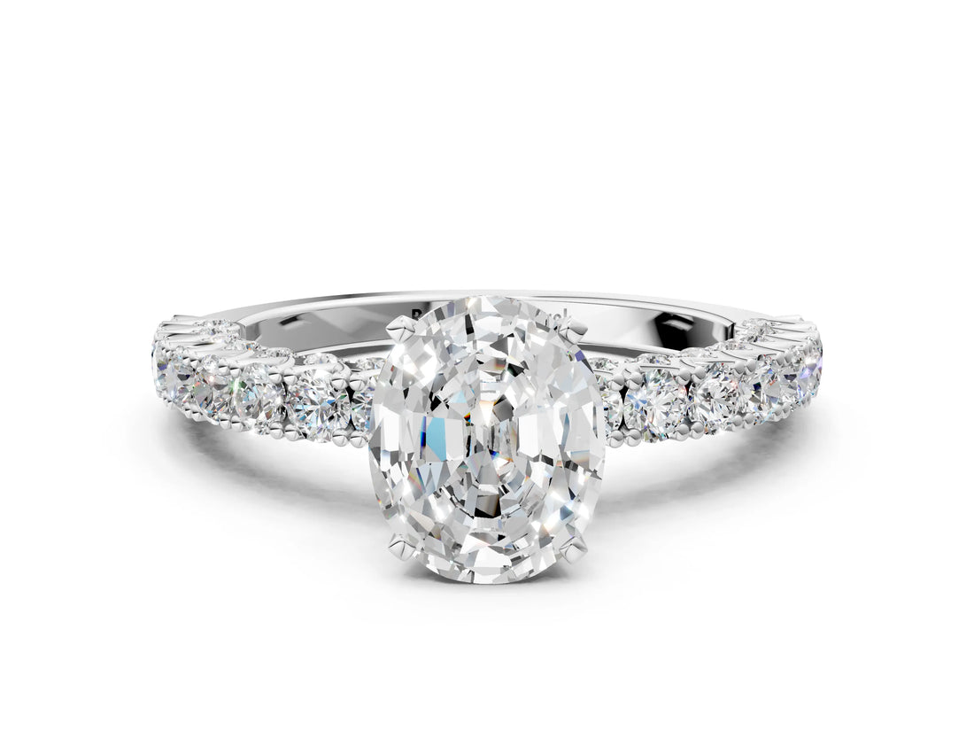 White gold Oval Cut Diamond Pavé Band Solitaire Ring with Prong Setting_78