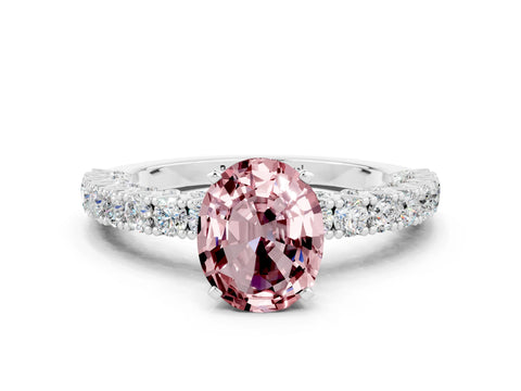 White gold Oval Cut Diamond Pavé Band Solitaire Ring with Prong Setting