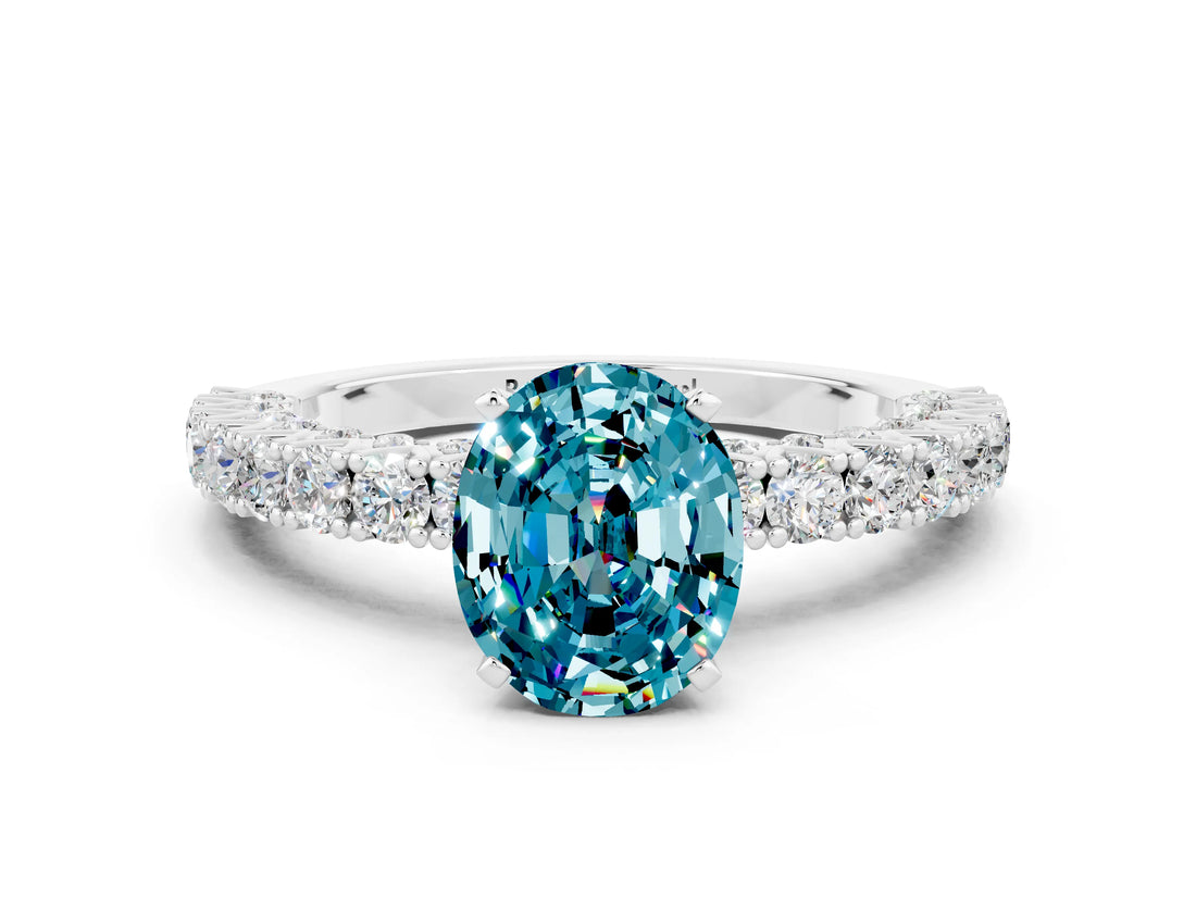 White gold Oval Cut Diamond Pavé Band Solitaire Ring with Prong Setting