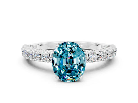 White gold Oval Cut Diamond Pavé Band Solitaire Ring with Prong Setting