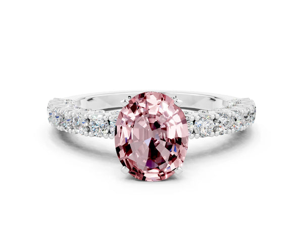Platinum Oval Cut Diamond Pavé Band Solitaire Ring with Prong Setting