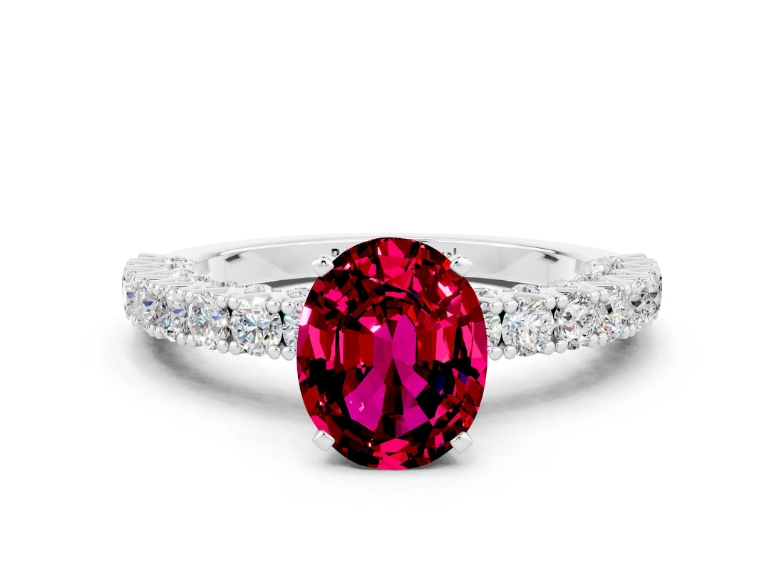 White gold Oval Cut Diamond Pavé Band Solitaire Ring with Prong Setting