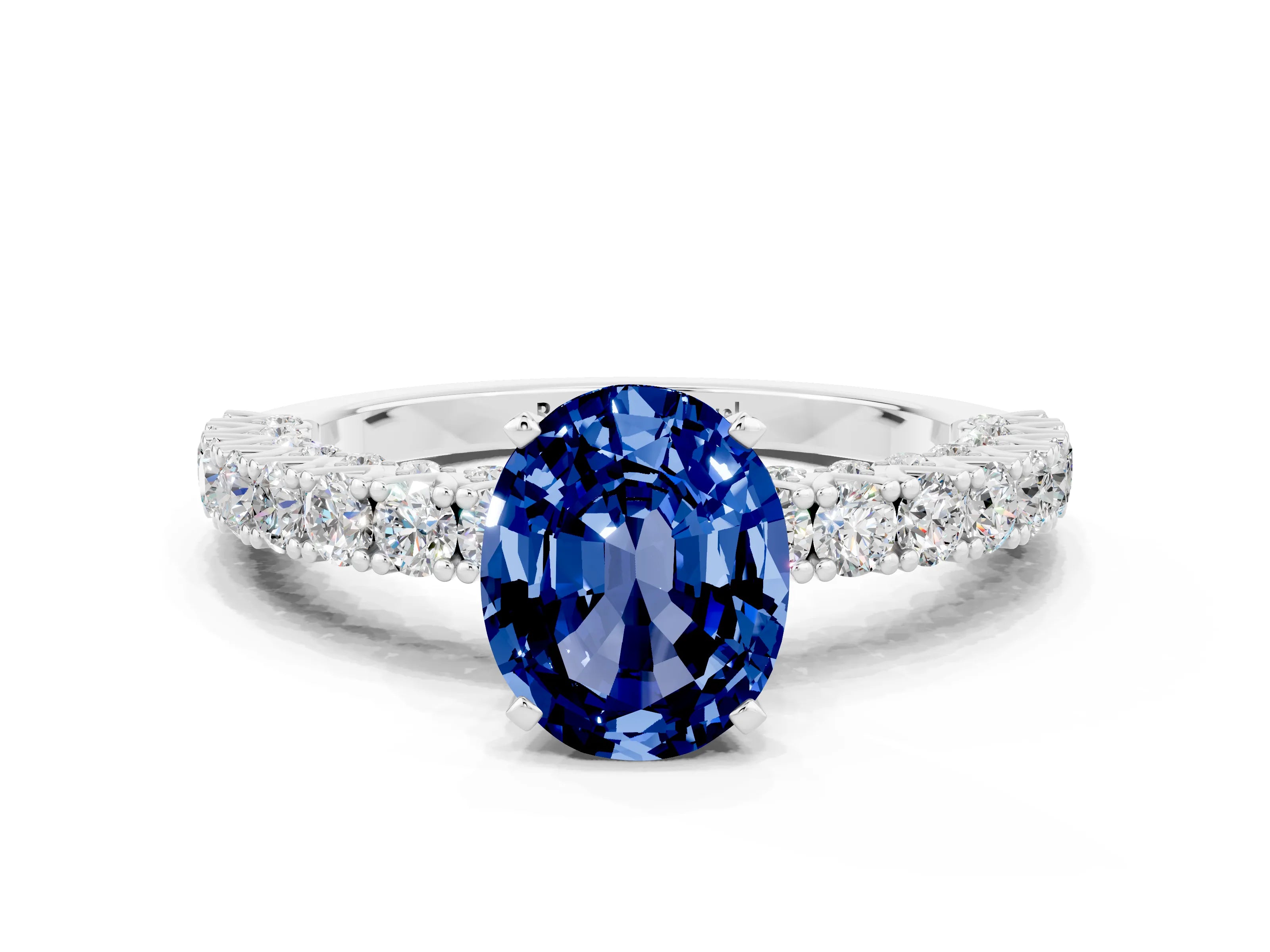 White gold Oval Cut Diamond Pavé Band Solitaire Ring with Prong Setting