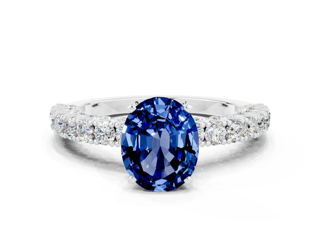 White gold Oval Cut Diamond Pavé Band Solitaire Ring with Prong Setting