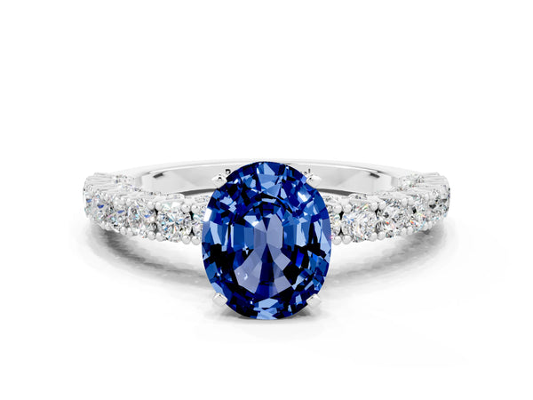 White gold Oval Cut Diamond Pavé Band Solitaire Ring with Prong Setting